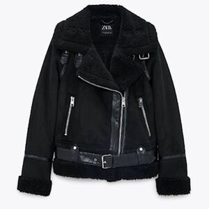 Zara black shearling and suede moto jacket